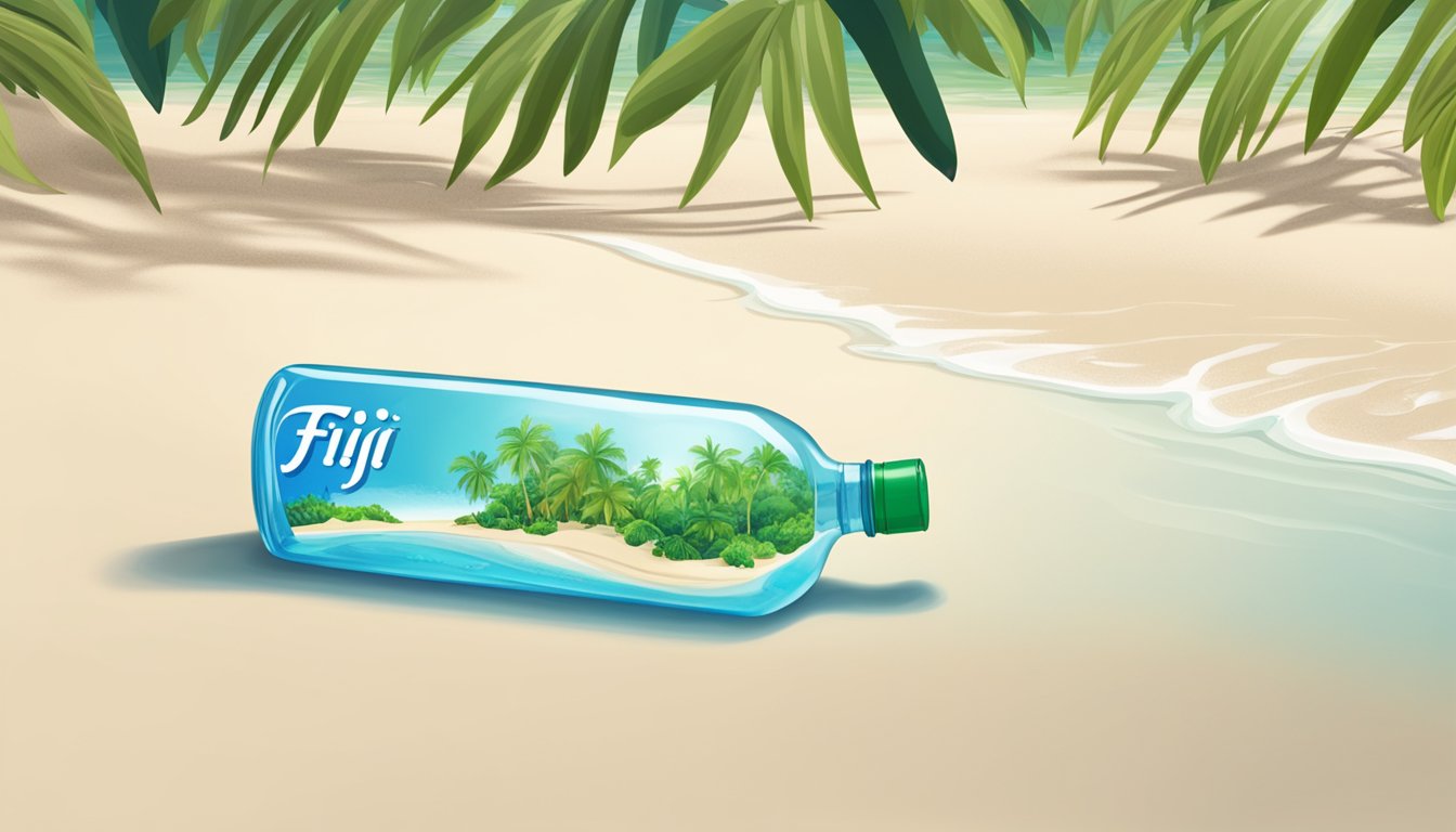 A serene tropical beach with crystal clear water and lush greenery. A bottle of Fiji water sits on the sand