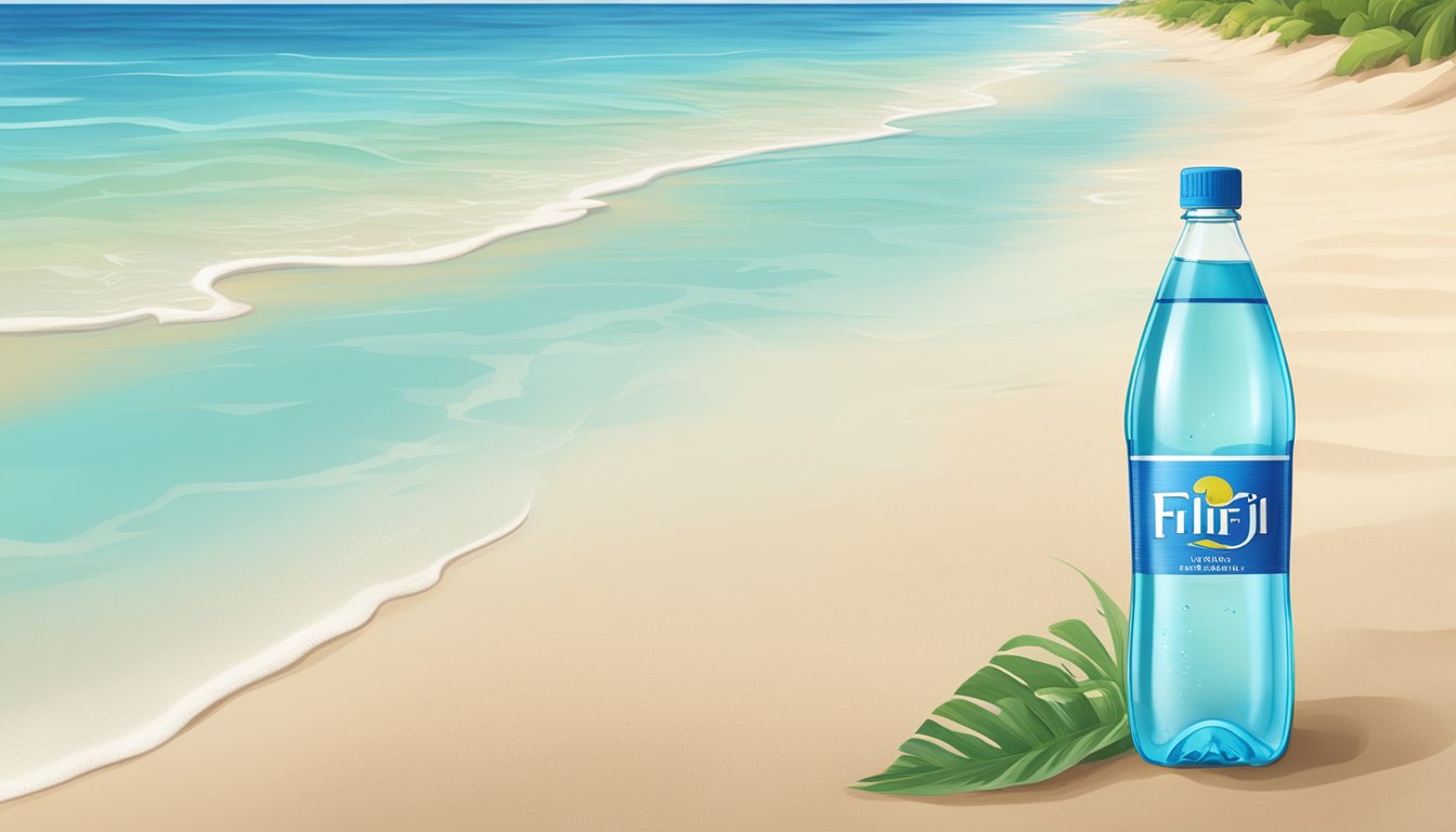 A serene tropical beach with clear blue water and a single bottle of Fiji water resting on the sand