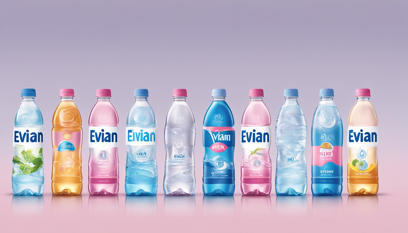 A lineup of various bottled water brands with evian standing out prominently