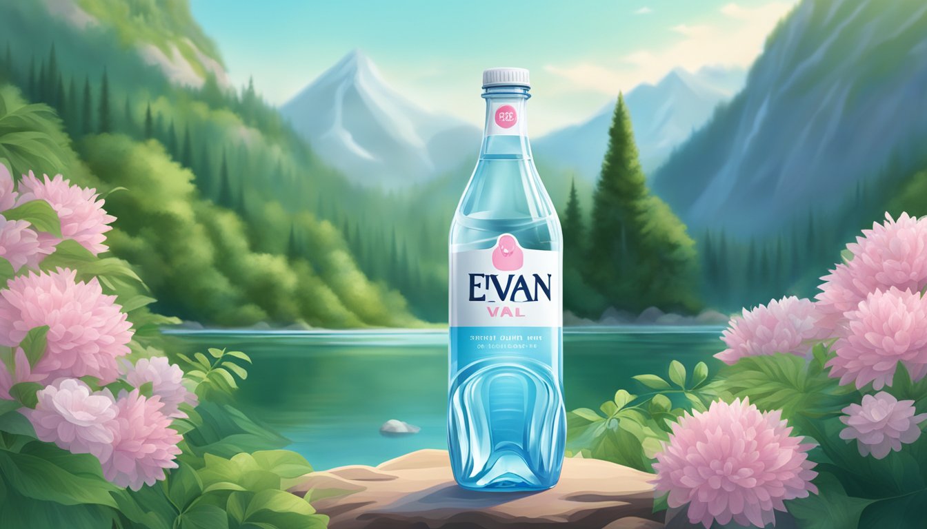 A serene mountain spring surrounded by lush greenery, with a clear bottle of evian water standing out against the natural backdrop