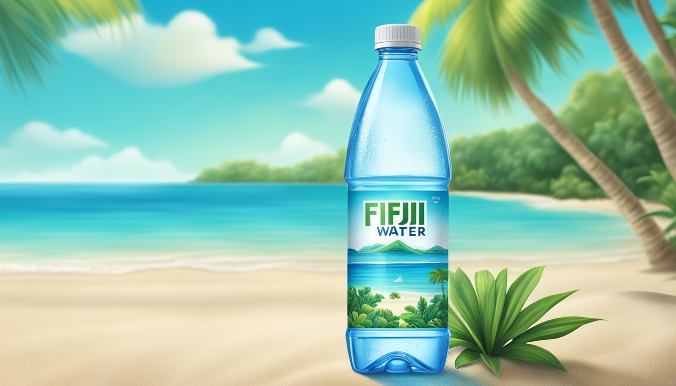 A clear bottle of Fiji water sits on a pristine beach, surrounded by lush greenery and glistening blue waters under a sunny sky