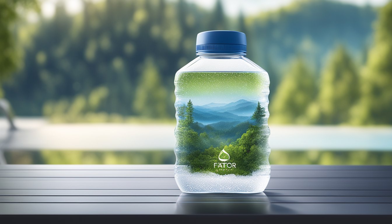 A clear, plastic bottle of hfactor water sits on a sleek, modern table with a backdrop of natural scenery. The bottle is surrounded by droplets of condensation, hinting at its refreshing and hydrating qualities