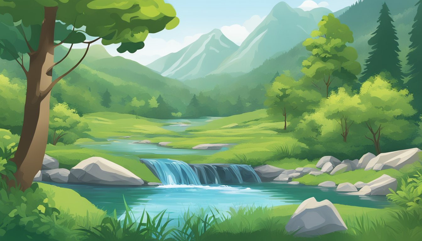 A serene mountain spring surrounded by lush greenery, with a clear stream flowing into a pristine lake, showcasing the environmental impact and sustainability of hfactor bottled water