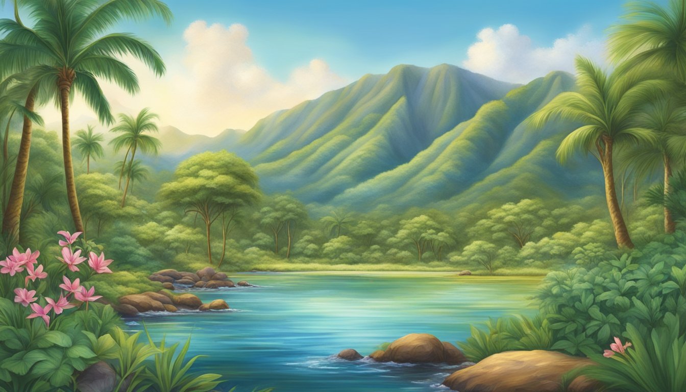 A serene Hawaiian landscape with a pristine spring surrounded by lush vegetation and vibrant wildlife, showcasing the natural purity and environmental harmony of Hawaiian Springs bottled water