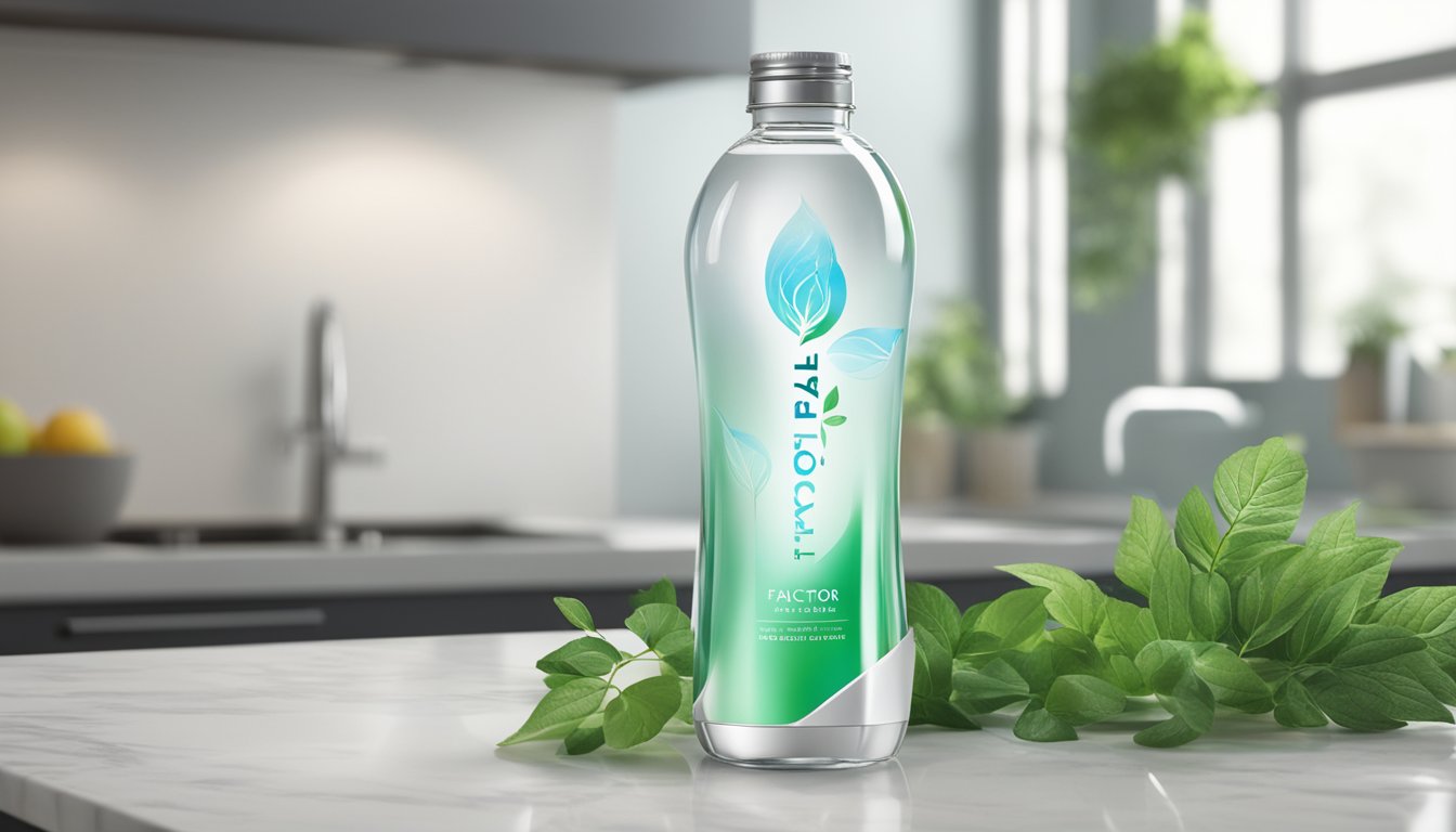 A sleek, modern bottle of hfactor water stands on a marble countertop, surrounded by vibrant green foliage and natural light streaming in from a nearby window