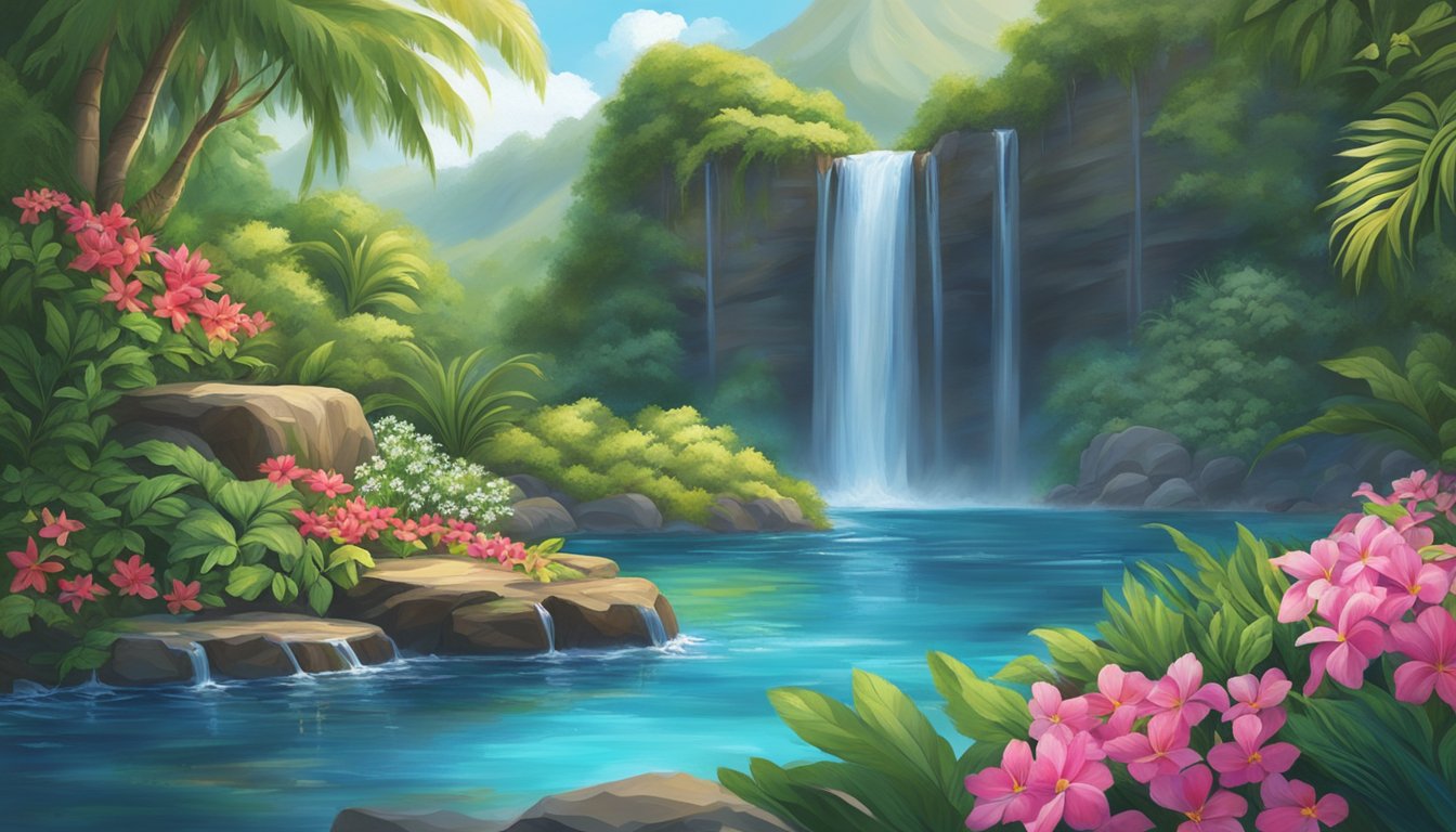 A pristine Hawaiian waterfall cascades into a crystal-clear pool, surrounded by lush greenery and vibrant flowers