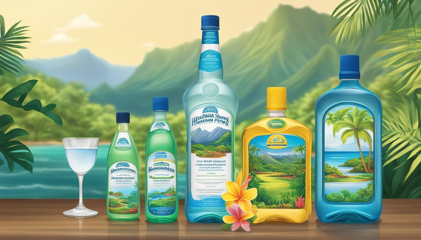 A collection of awards and certifications displayed next to a bottle of Hawaiian Springs water, with a backdrop of lush Hawaiian scenery