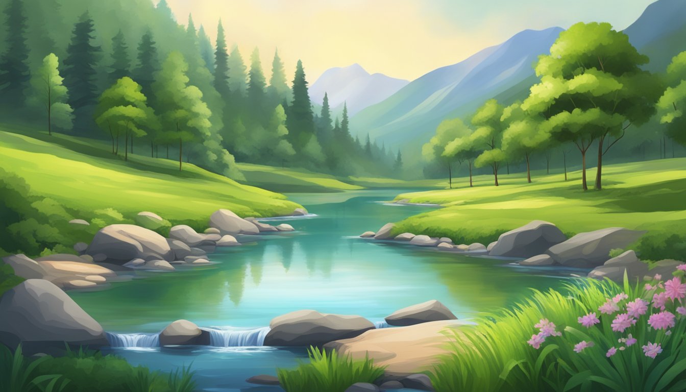 A serene mountain spring surrounded by lush greenery, with a clear stream of water flowing into a pristine, untouched lake