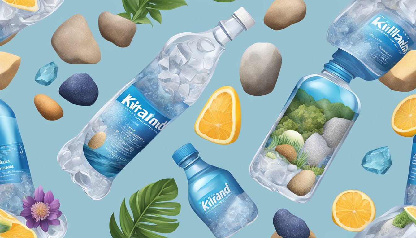 A clear plastic bottle of Kirkland Signature water surrounded by images of various minerals and health benefits