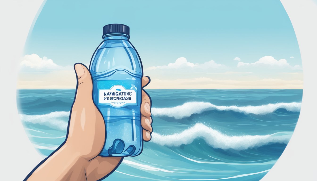 A person holding a clear plastic bottle of water with a label that reads "Navigating Bottled Water Purchases" against a backdrop of refreshing blue waves