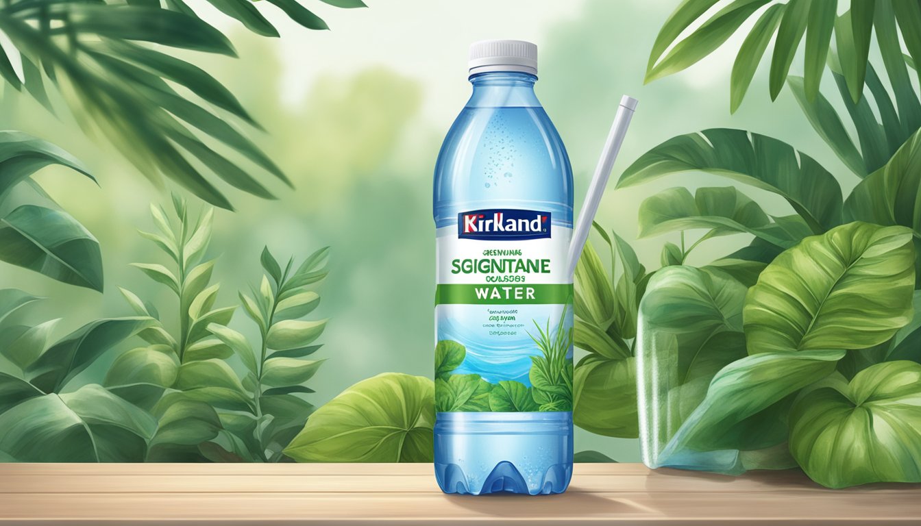 A clear plastic bottle of Kirkland Signature water sits on a table, surrounded by green plants and a reusable metal straw