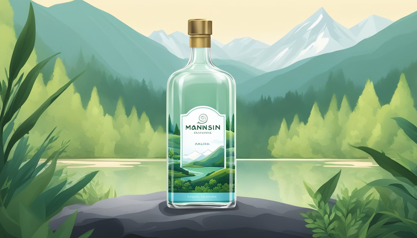 A pristine mountain spring flows into a clear, glass-like bottle with a sleek, minimalist label. Lush greenery surrounds the source, creating a serene, untouched landscape