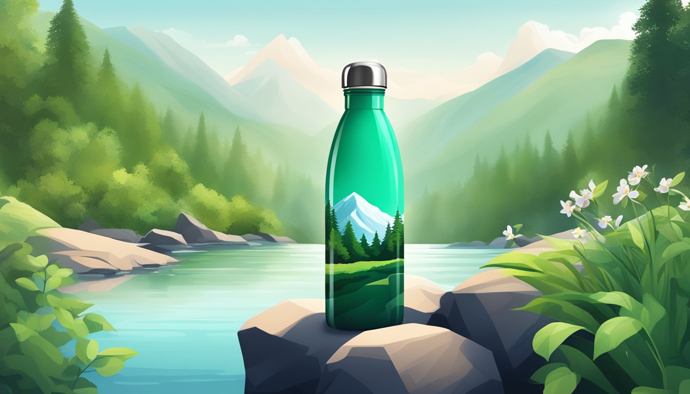 A serene mountain spring surrounded by lush greenery, with a sleek, modern water bottle standing out against the natural backdrop