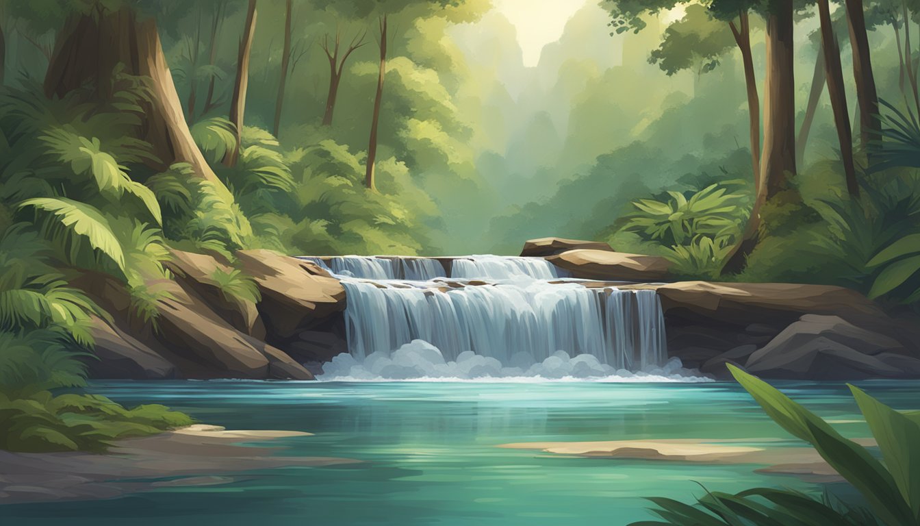 A clear, pristine waterfall cascading into a serene, lush forest stream, with the mananalu bottled water prominently displayed on a wooden stand nearby