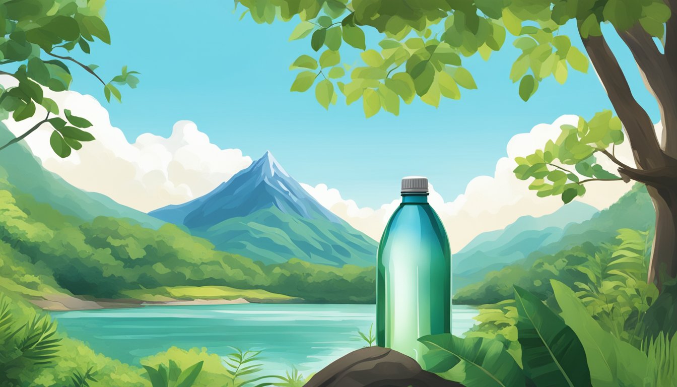 A serene mountain spring surrounded by lush greenery, with a clear, blue sky overhead and a mananalu water bottle placed prominently in the foreground