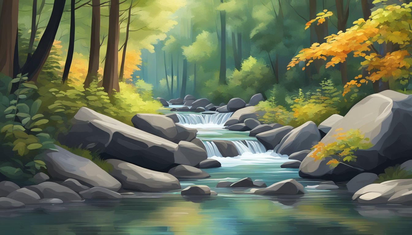 A serene forest stream with vibrant flora and clear water flowing through rocks and pebbles