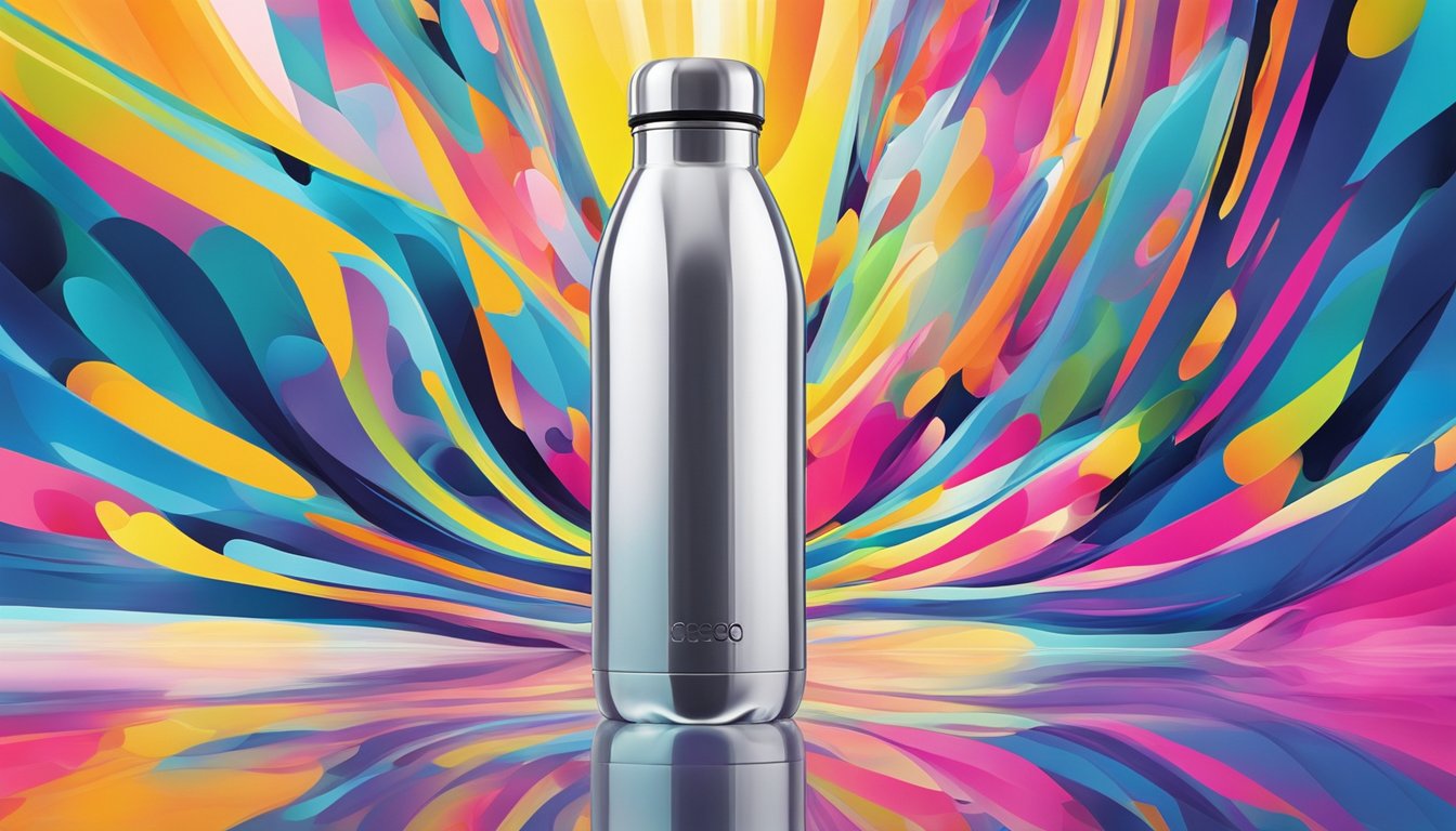 A sleek, modern water bottle stands against a backdrop of vibrant, abstract art. Light reflects off the bottle, emphasizing its innovative design