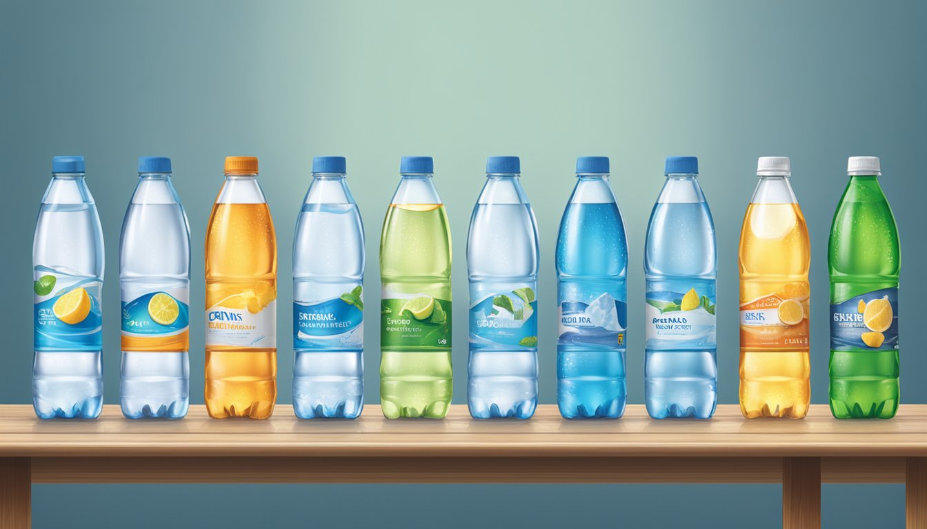 A row of various bottled water brands lined up on a table, with a glass of water next to each bottle for comparison