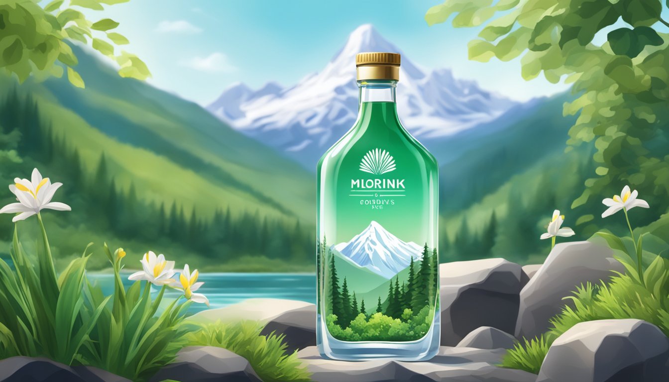 A clear, pristine mountain spring gushes into a sleek, transparent bottle, surrounded by lush greenery and a backdrop of towering peaks