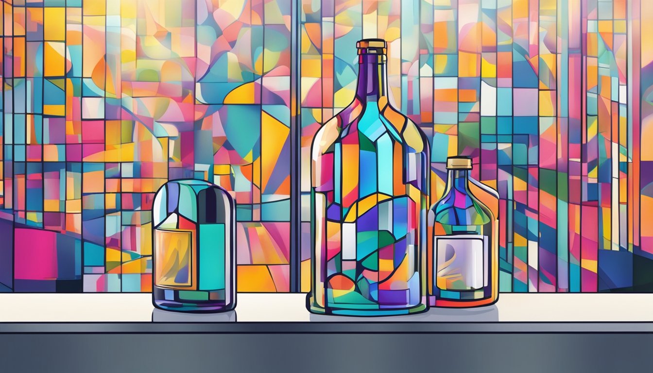 A bottle of LIFEWTR stands on a sleek, modern table with a backdrop of vibrant, abstract artwork. Light filters through the clear, artfully designed bottle, casting colorful reflections on the surrounding surfaces