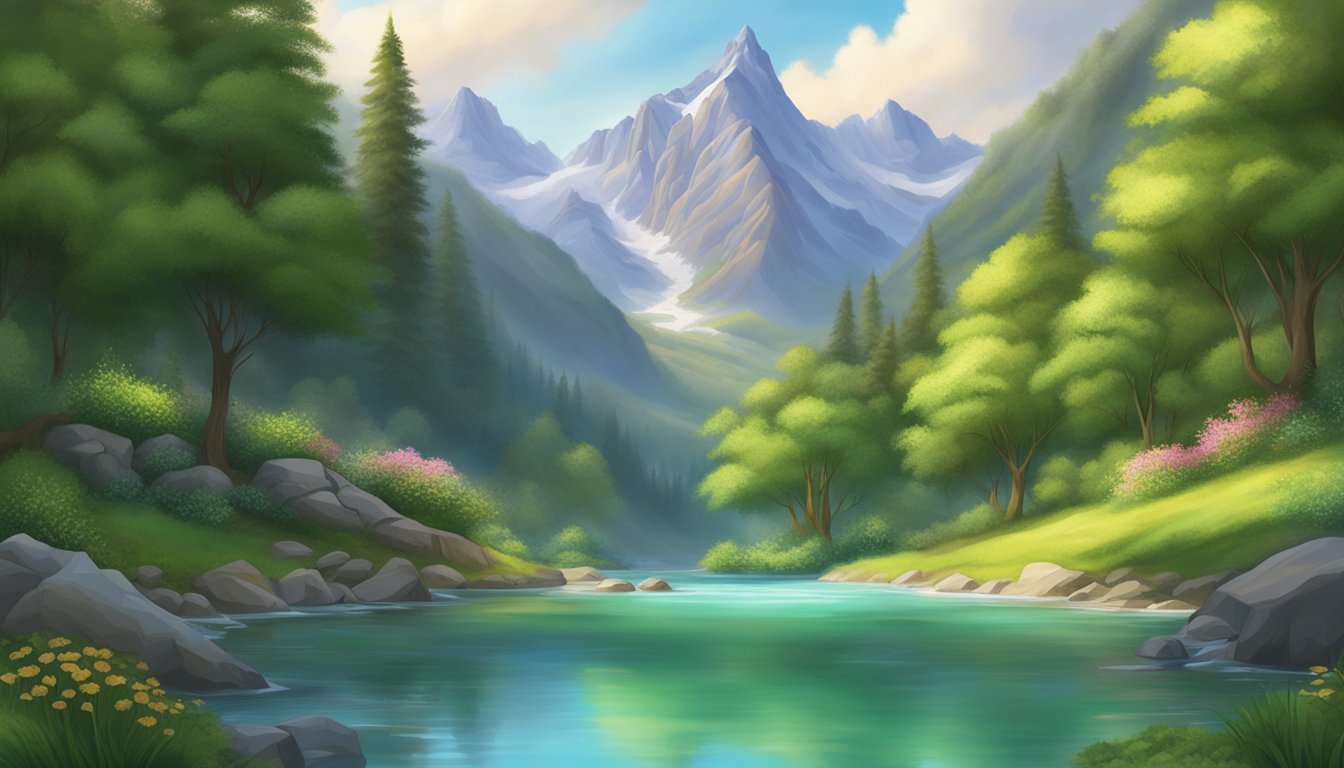 A serene mountain valley spring flows into a crystal-clear pool, surrounded by lush greenery and towering peaks