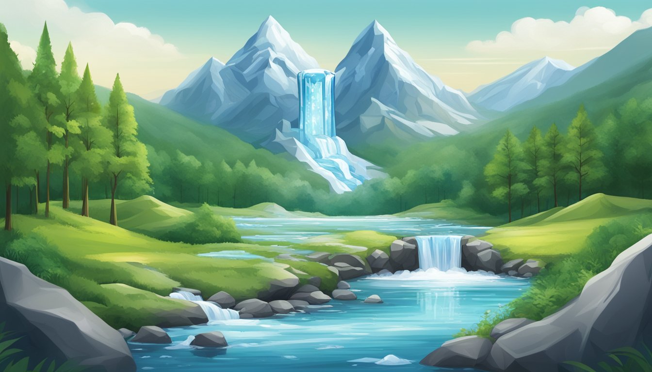 A pristine ice mountain surrounded by lush greenery, with a crystal-clear stream flowing from it into a sustainable, eco-friendly bottled water facility