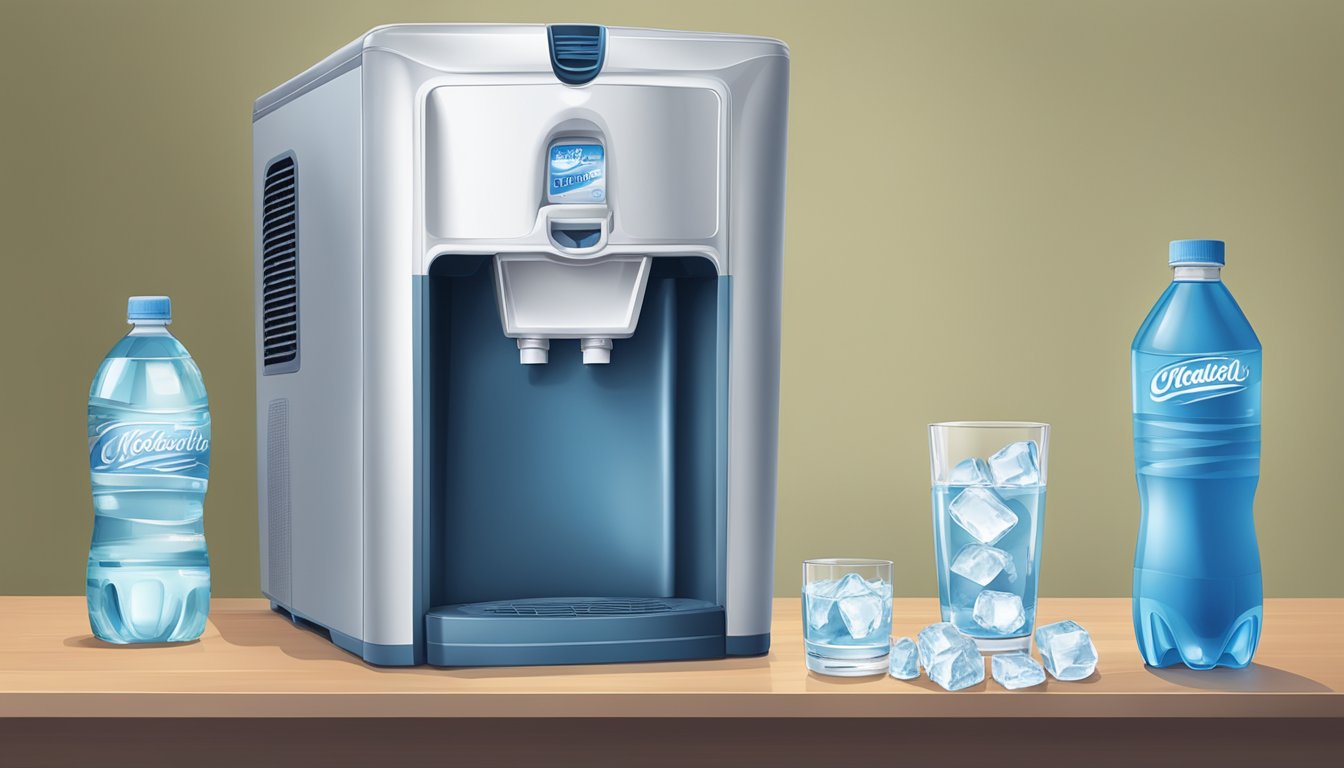 A home and office setting with a water cooler, a glass of water, and a bottle of Ice Mountain water