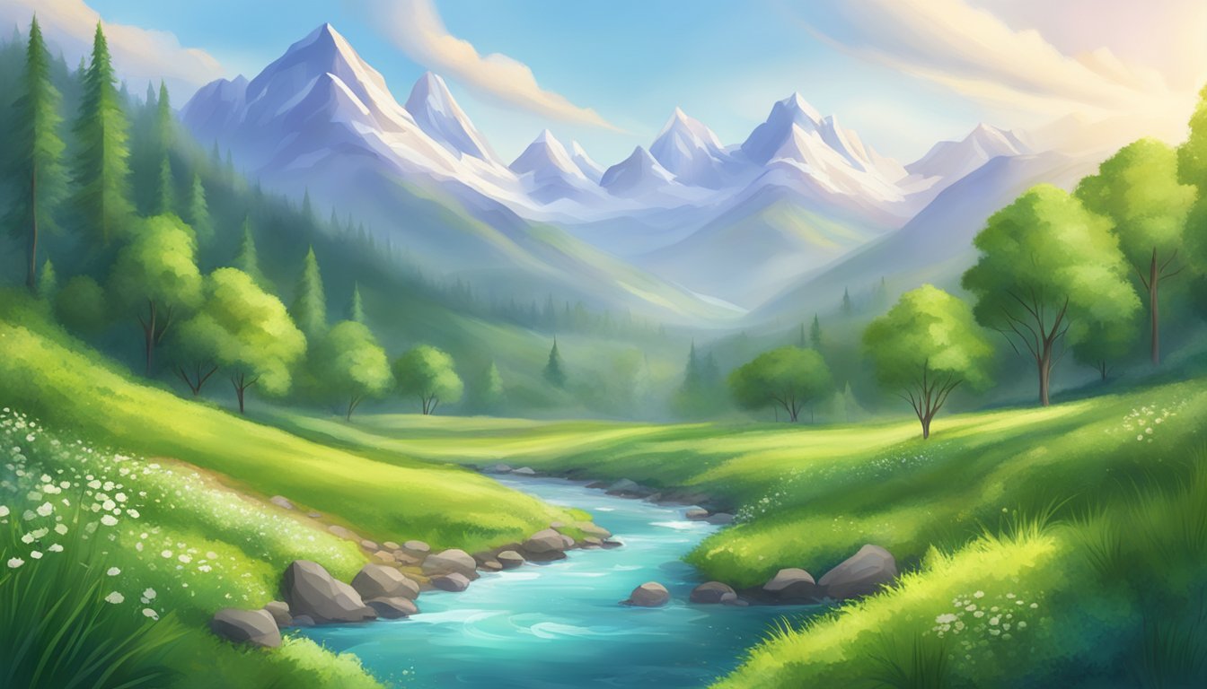 A serene mountain valley with a clear spring bubbling up, surrounded by lush greenery and towering peaks