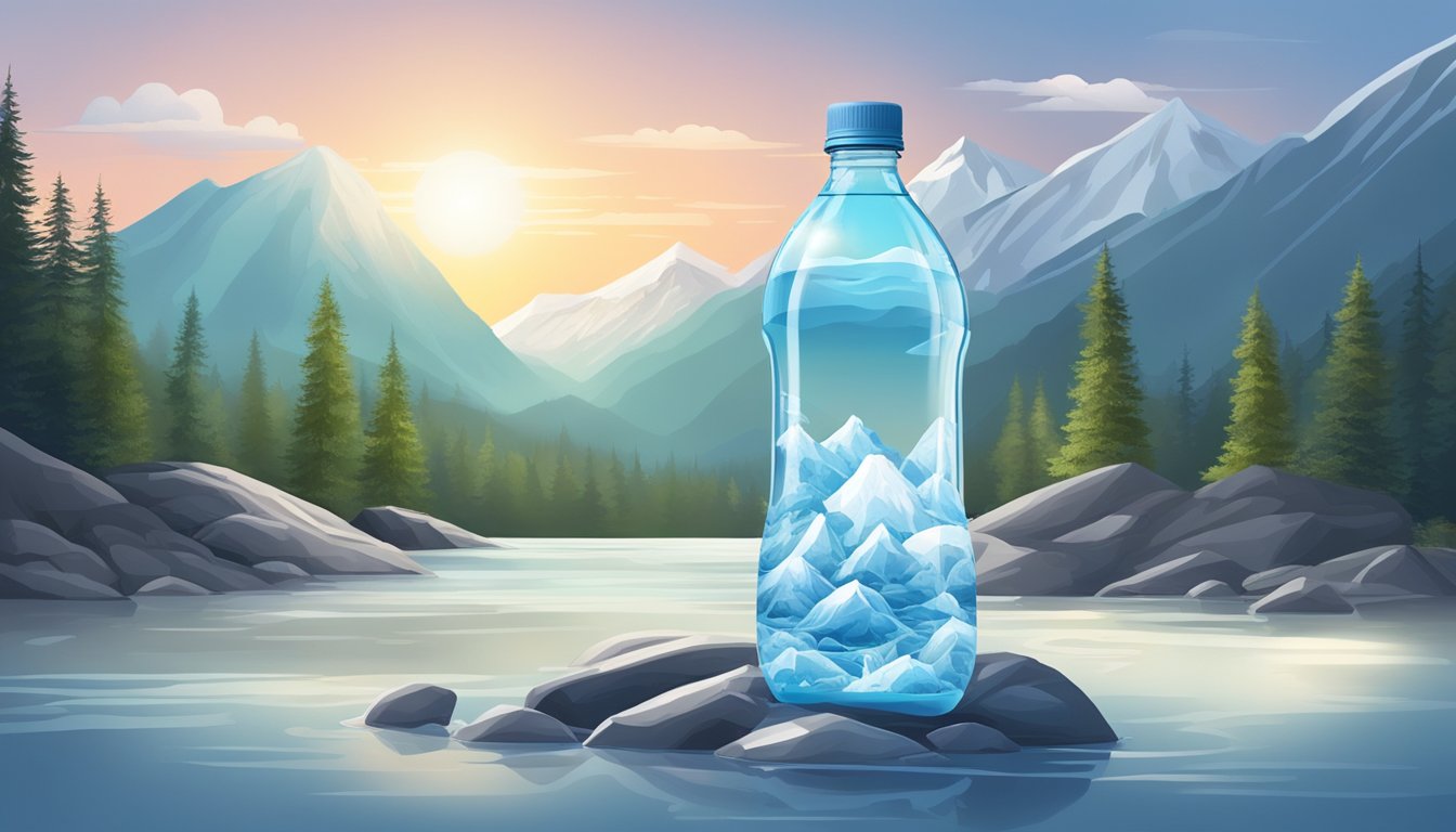 A serene mountain landscape with a pristine, icy spring gushing out pure water into a clear, plastic bottle