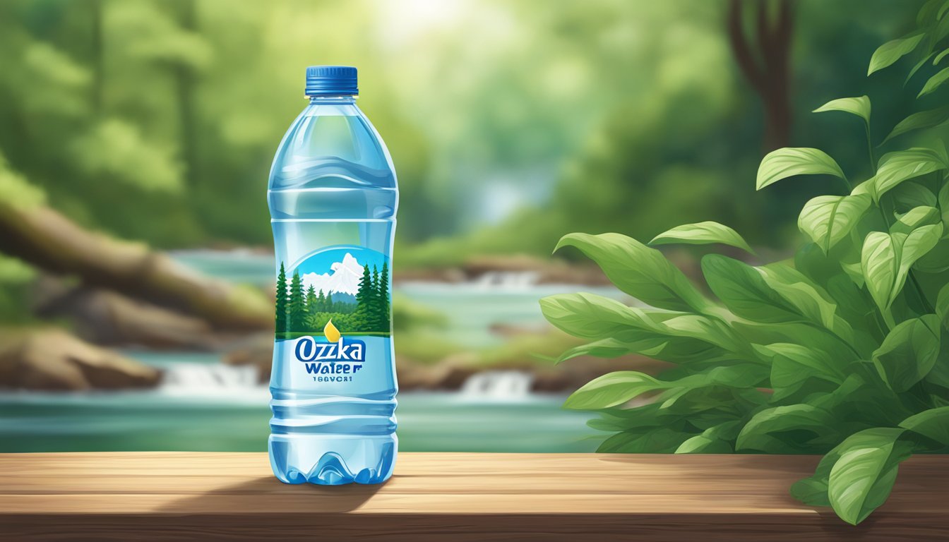 A clear plastic bottle of Ozarka water sits on a wooden table, surrounded by lush green foliage and a flowing stream in the background