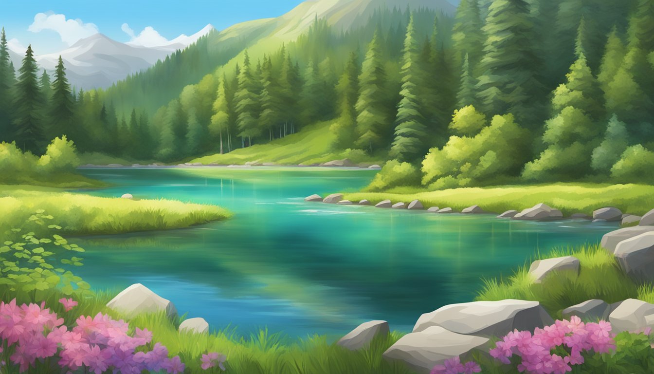 A pristine mountain spring flows into a clear, tranquil lake surrounded by lush, untouched wilderness