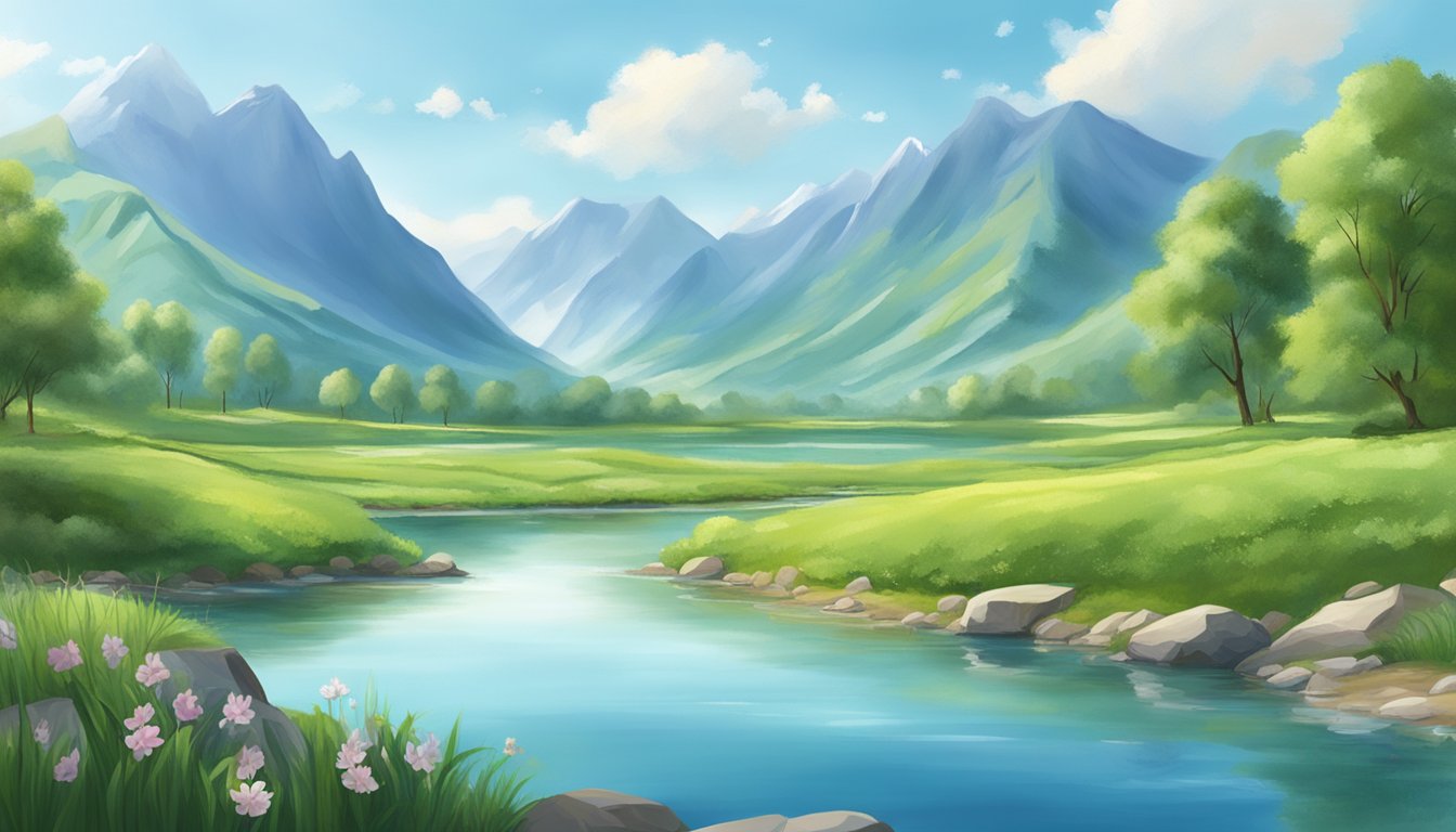 A serene mountain valley with a pristine spring, surrounded by lush greenery and clear blue skies. Visible certifications and regulations displayed near the water source