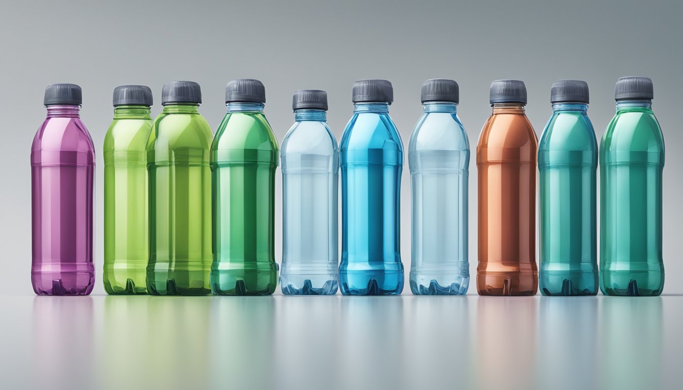 A row of various water bottles lined up, with one prominent Ozarka bottle standing out in the center