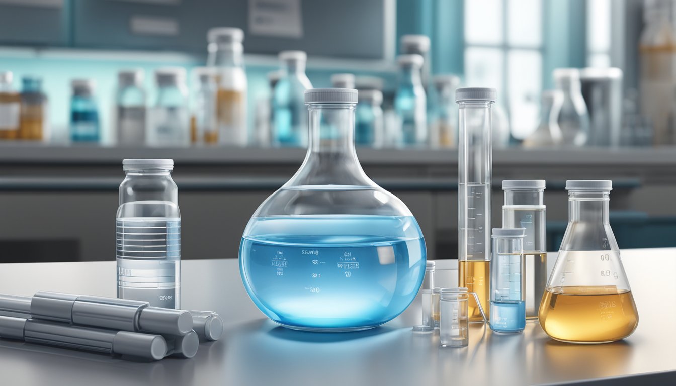 A clear plastic bottle of Ozarka water sits on a laboratory table, surrounded by beakers and test tubes. A microscope and scientific equipment are visible in the background