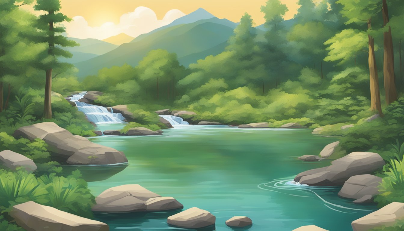 A serene mountain spring with clear, flowing water, surrounded by lush greenery and a prominent Ozarka logo