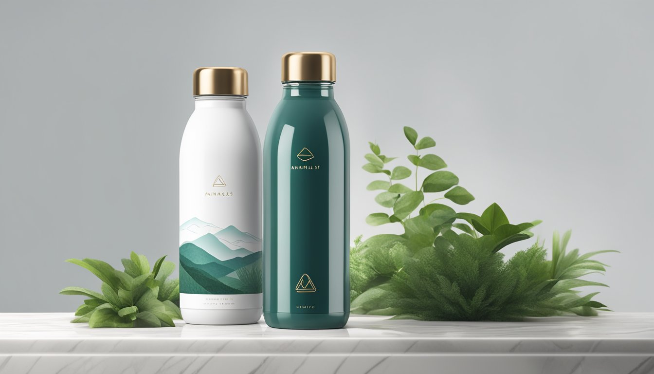 A pristine mountain spring flows into a sleek, modern water bottle with a minimalist label. The bottle sits on a marble countertop, surrounded by lush greenery