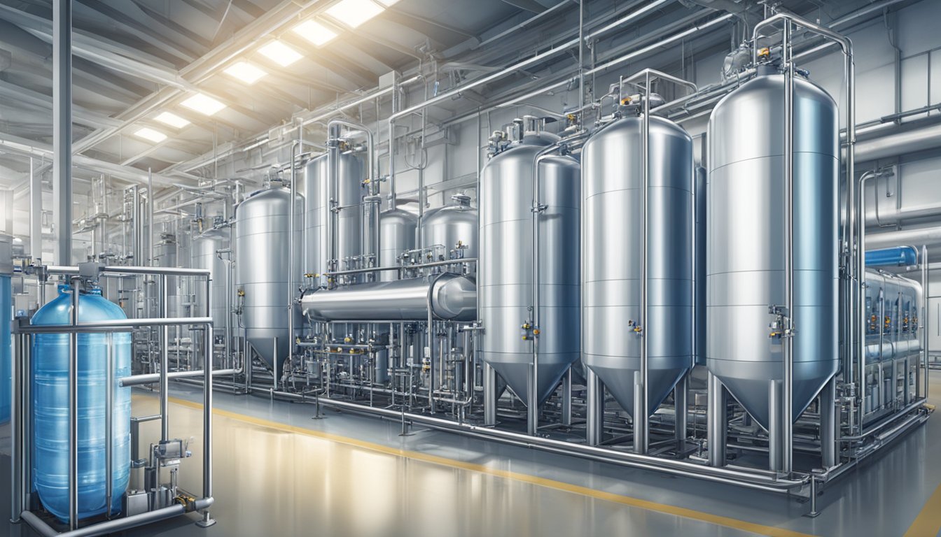 A large, modern water purification plant with pipes, filters, and tanks. Ophora bottled water displayed prominently on a clean, organized production line