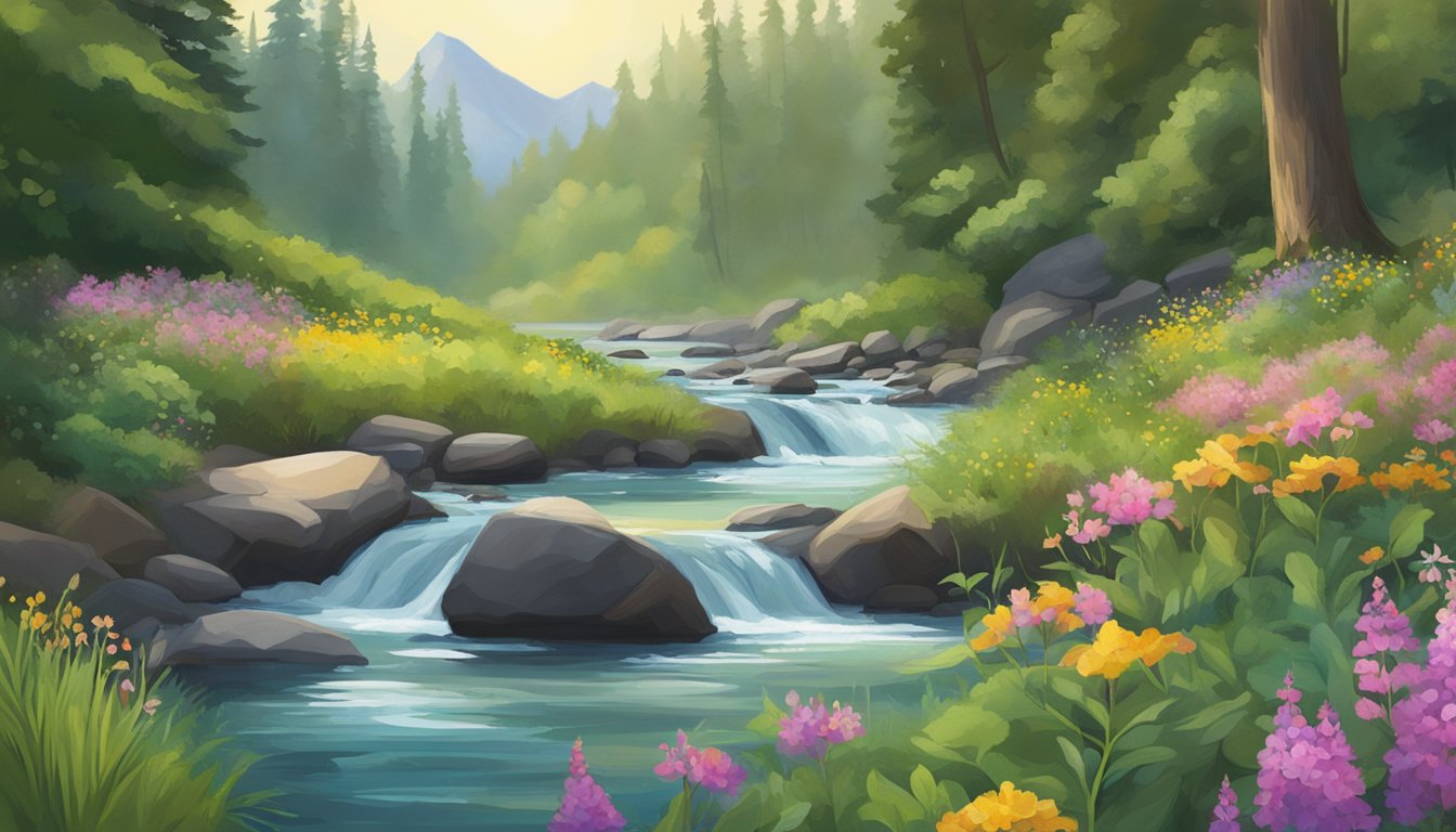 A clear mountain stream flows through lush green forest, with a pristine ophora water bottle nestled among wildflowers