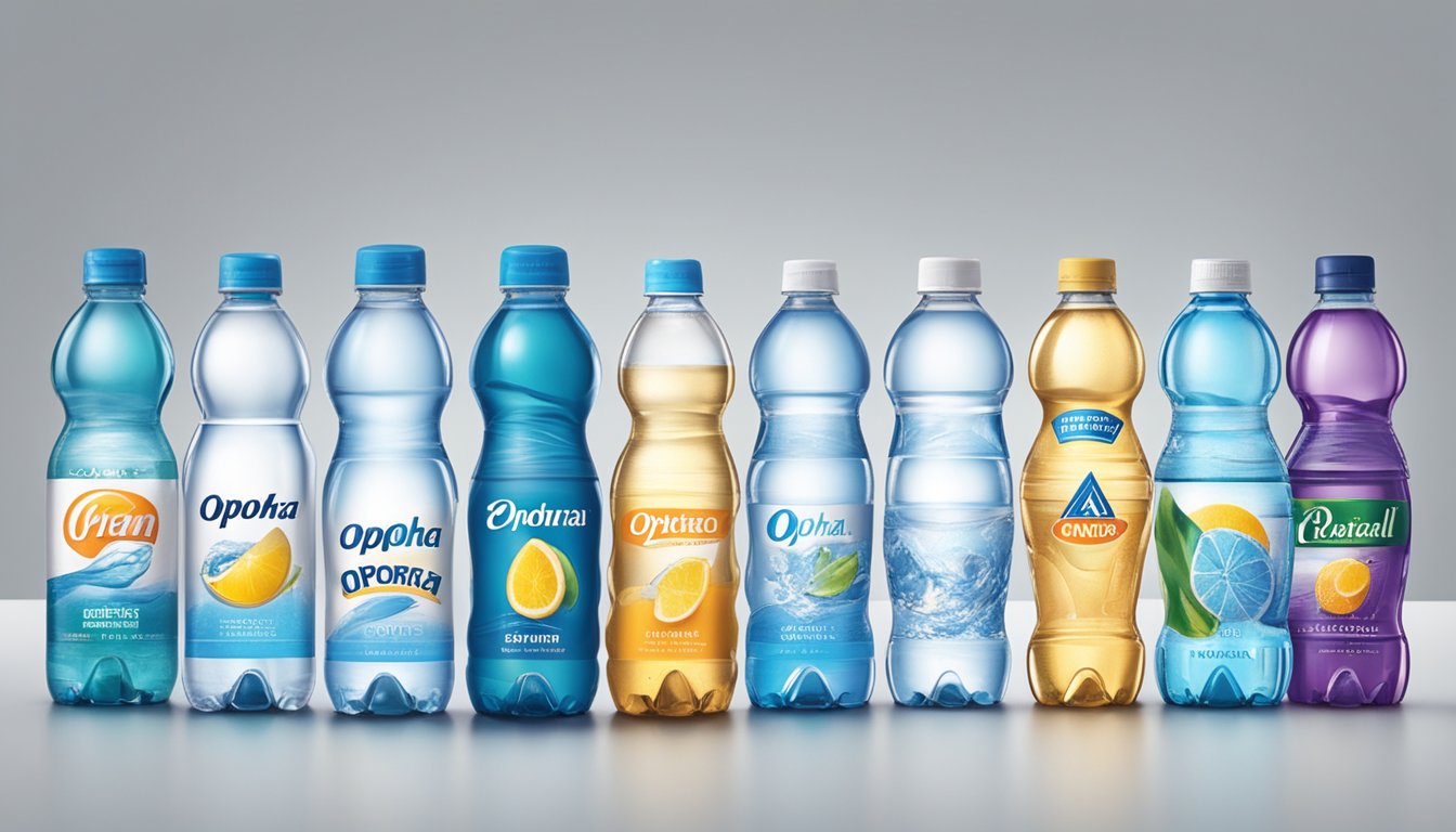 A row of various bottled water brands lined up on a table, with Ophora prominently displayed in the center, surrounded by other competing brands