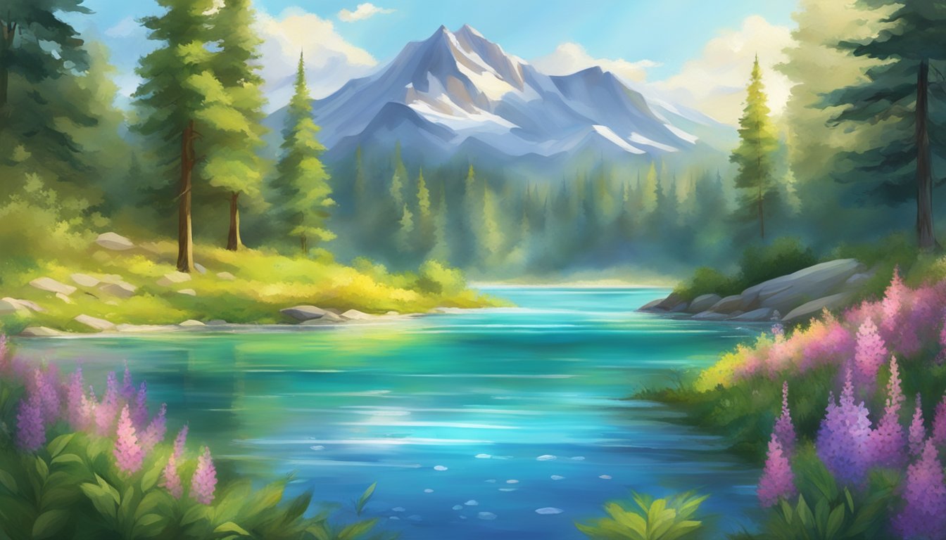 A serene mountain spring flows into a crystal-clear lake, surrounded by lush greenery and vibrant wildflowers. The water sparkles in the sunlight, exuding purity and vitality