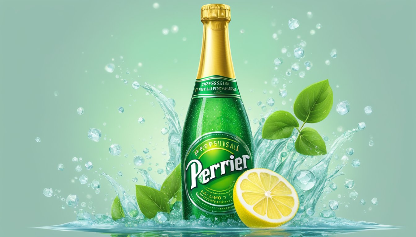 A sparkling Perrier bottle surrounded by glistening water droplets, with fresh green leaves and a slice of lemon nearby