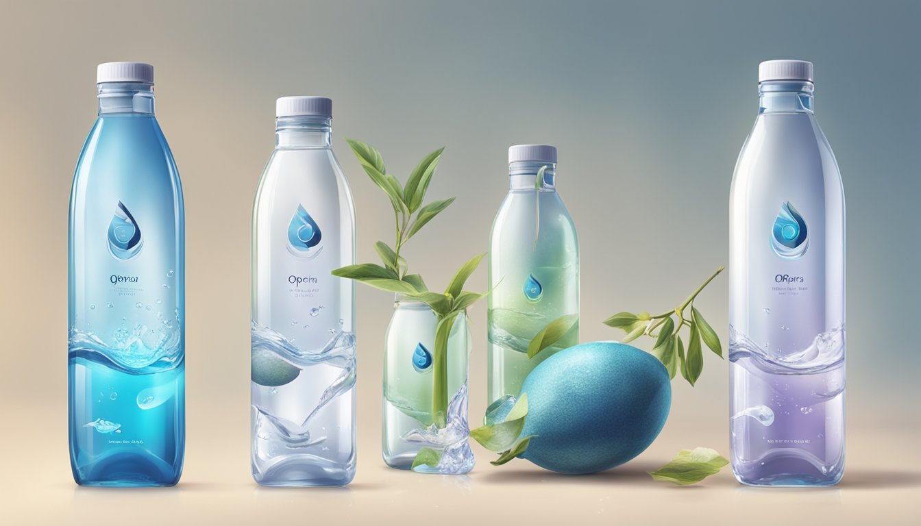 A sleek, modern bottle of Ophora water stands out among competitors, surrounded by symbols of purity and health