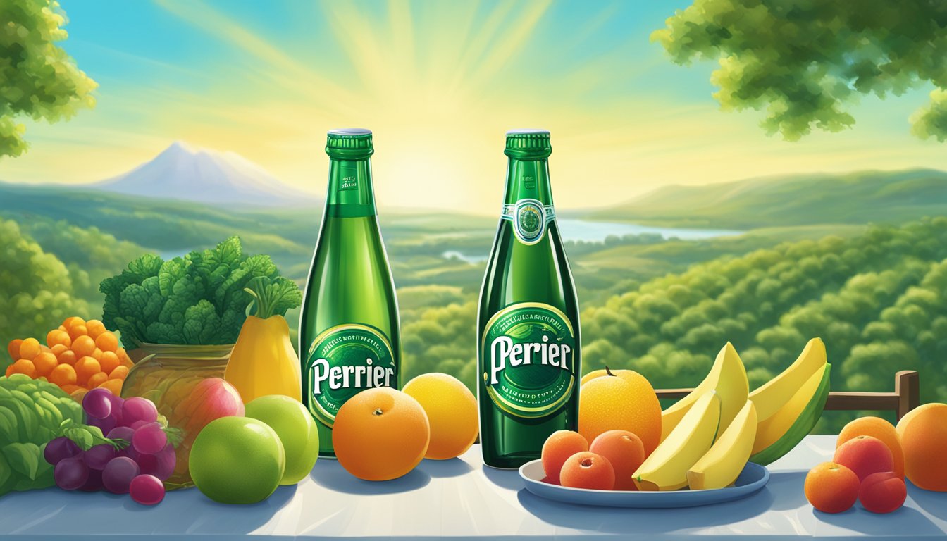 A bottle of Perrier sits on a table surrounded by fresh fruits and vegetables, with a clear blue sky and a vibrant green landscape in the background