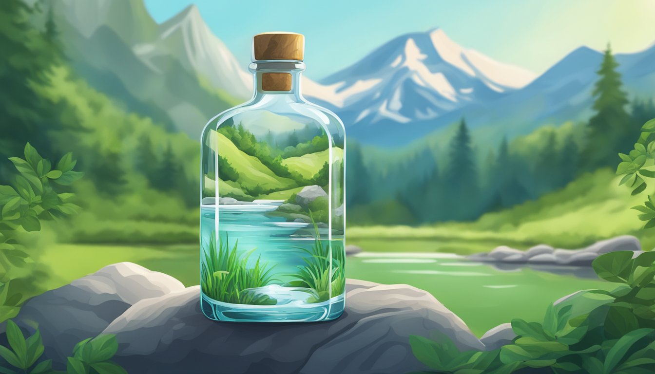 A serene mountain spring surrounded by lush greenery, with a clear, glass bottle filled with pristine water in the foreground