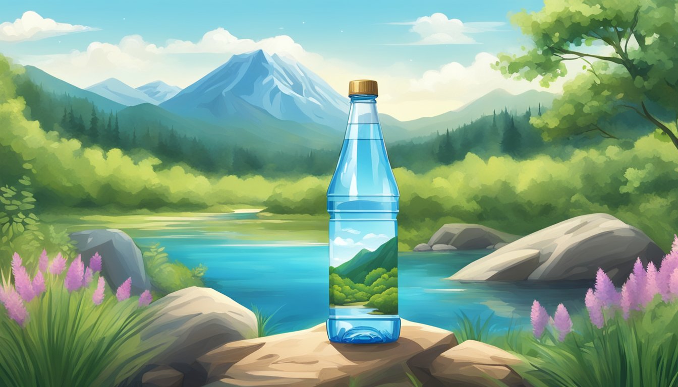 A serene mountain spring surrounded by lush greenery and clear blue skies, with a pristine bottle of water placed in the foreground