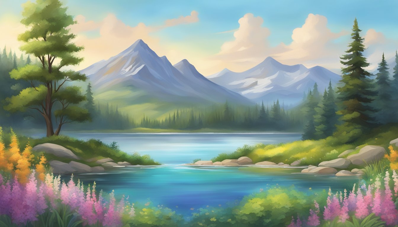 A serene mountain spring flows into a clear, pristine lake surrounded by lush greenery and vibrant wildflowers