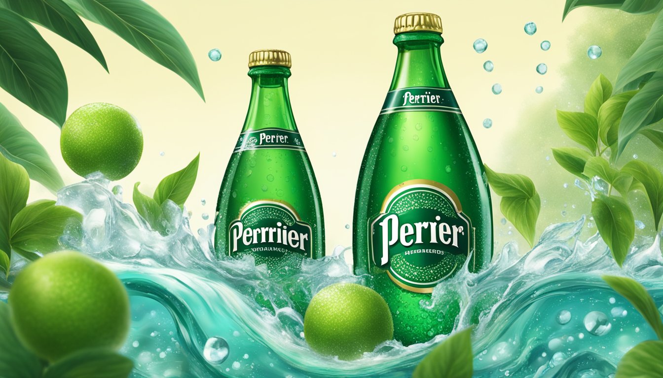 A sparkling Perrier bottle surrounded by fresh, bubbling water sources and lush greenery