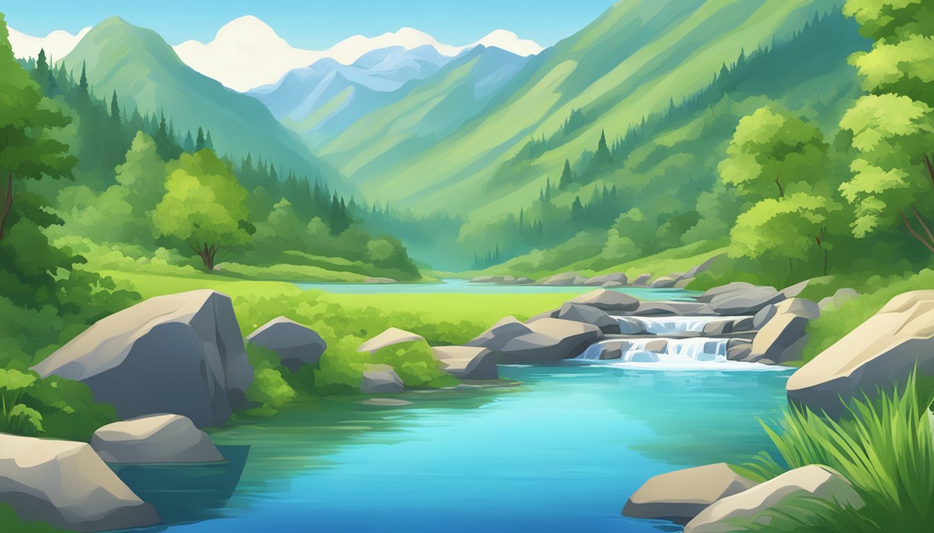 A serene mountain spring with clear, flowing water surrounded by lush greenery and a cloudless blue sky