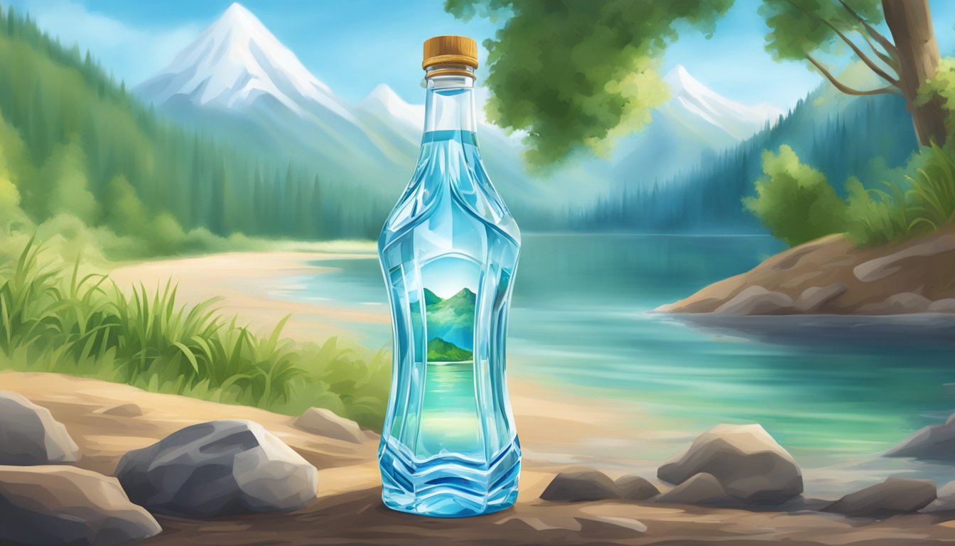 A serene mountain spring gushing crystal-clear water into a pristine, untouched bottle