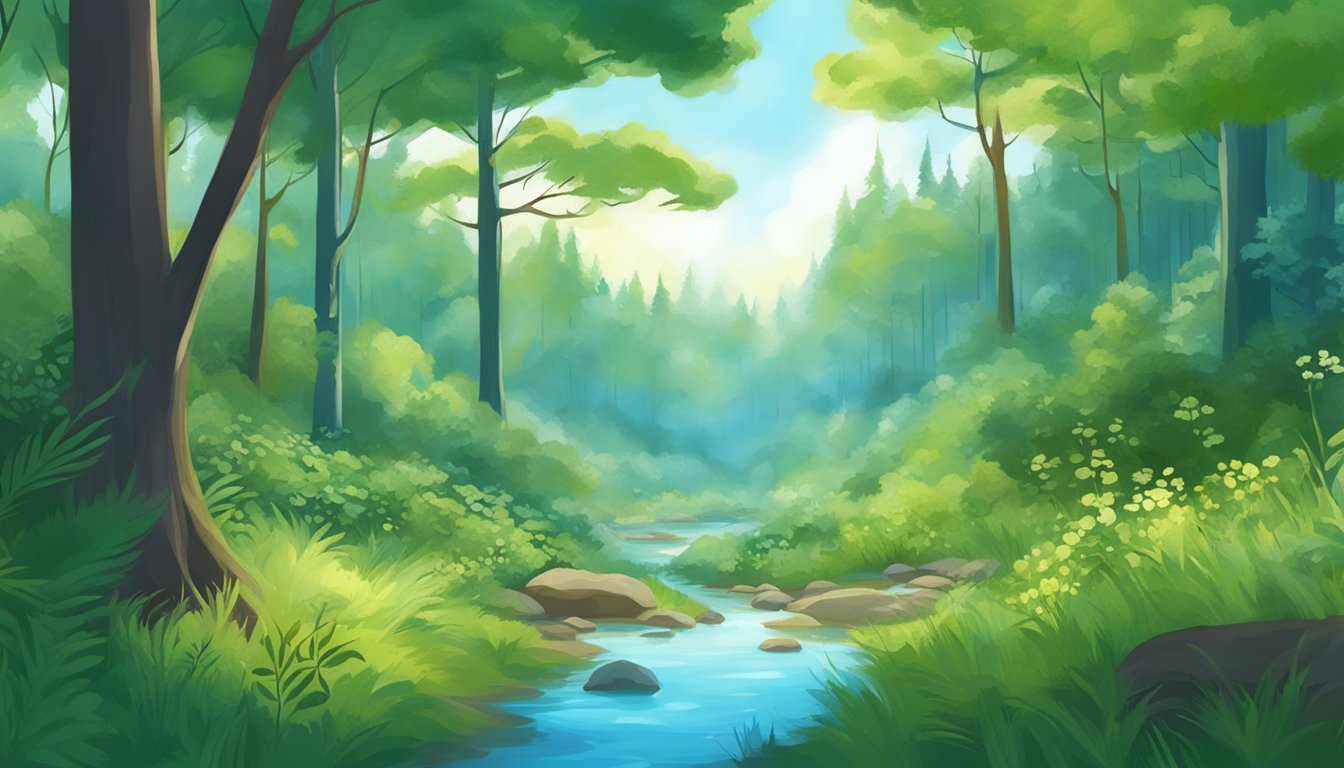 A serene forest spring bubbling up from the earth, surrounded by lush greenery and wildlife, with a clear blue sky overhead